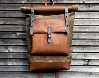 Waxed canvas backpack with roll up top and oiled leather bottem COLLECTION UNISEX
