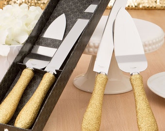 Personalized Golden Glitter Wedding Cake Knife Server Serving Set Engraving Gold Elegant Glitz Glamour Sweet 16 Mis Quince Anos Art Deco