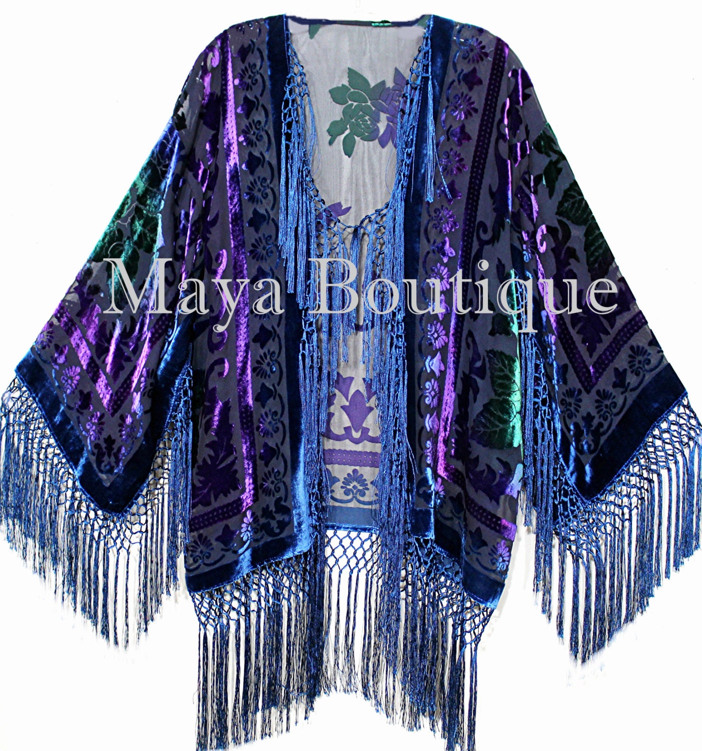 Maya Matazaro Tye Dye Teal Multi Short Fringe Jacket Kimono