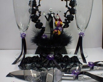 Nightmare before Christmas Wedding Lot Cake Topper, Glasses, Knife, Server, Garter Jack Sally Halloween