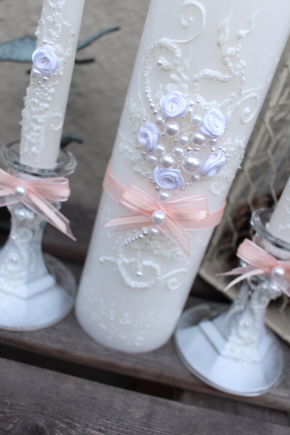Beautiful wedding unity candle set in white with blush pink