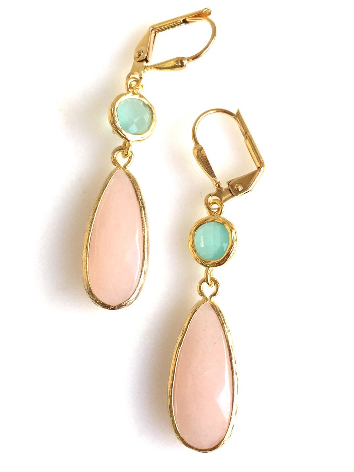 Peach and Aqua Bridesmaids Earrings. Peach Dangle Earrings.