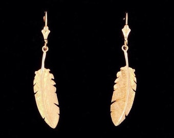 14k Yellow Gold Feather Earrings with Lever Back Hooks
