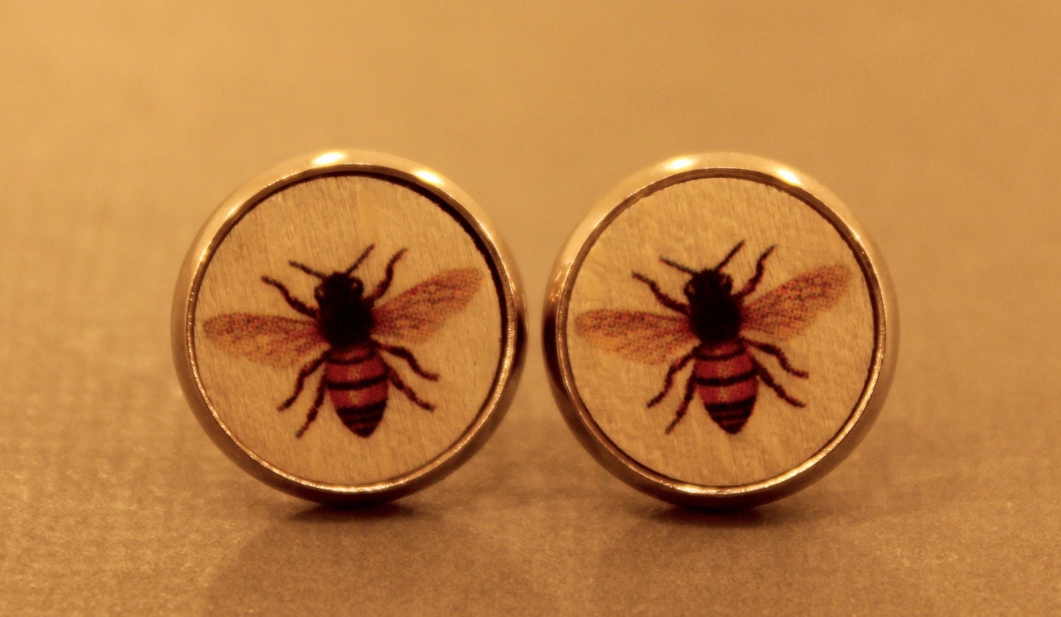 Bee Studs: Honey Bee Wooden Stud Earrings Fake Plugs Bee