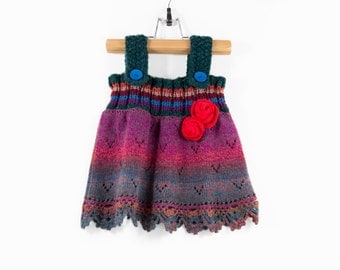 Knitted Baby Girl Dress - Red, Teal Green, Purple, 9 - 12 months