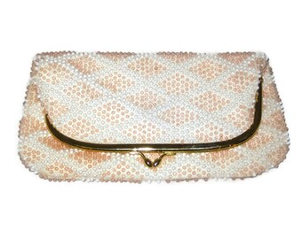 50s Beaded Bag Beaded Evening Purse Pink and White Beaded Clutch Vegan Friendly Clutch 1950s Beaded Evening Bag Formal Purse Beaded Purse