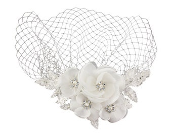 Bridal Birdcage veil, bridal fascinator, short veil, wedding headpiece, ivory headpiece, crystal pearl veil, wedding veil, bridal veil,