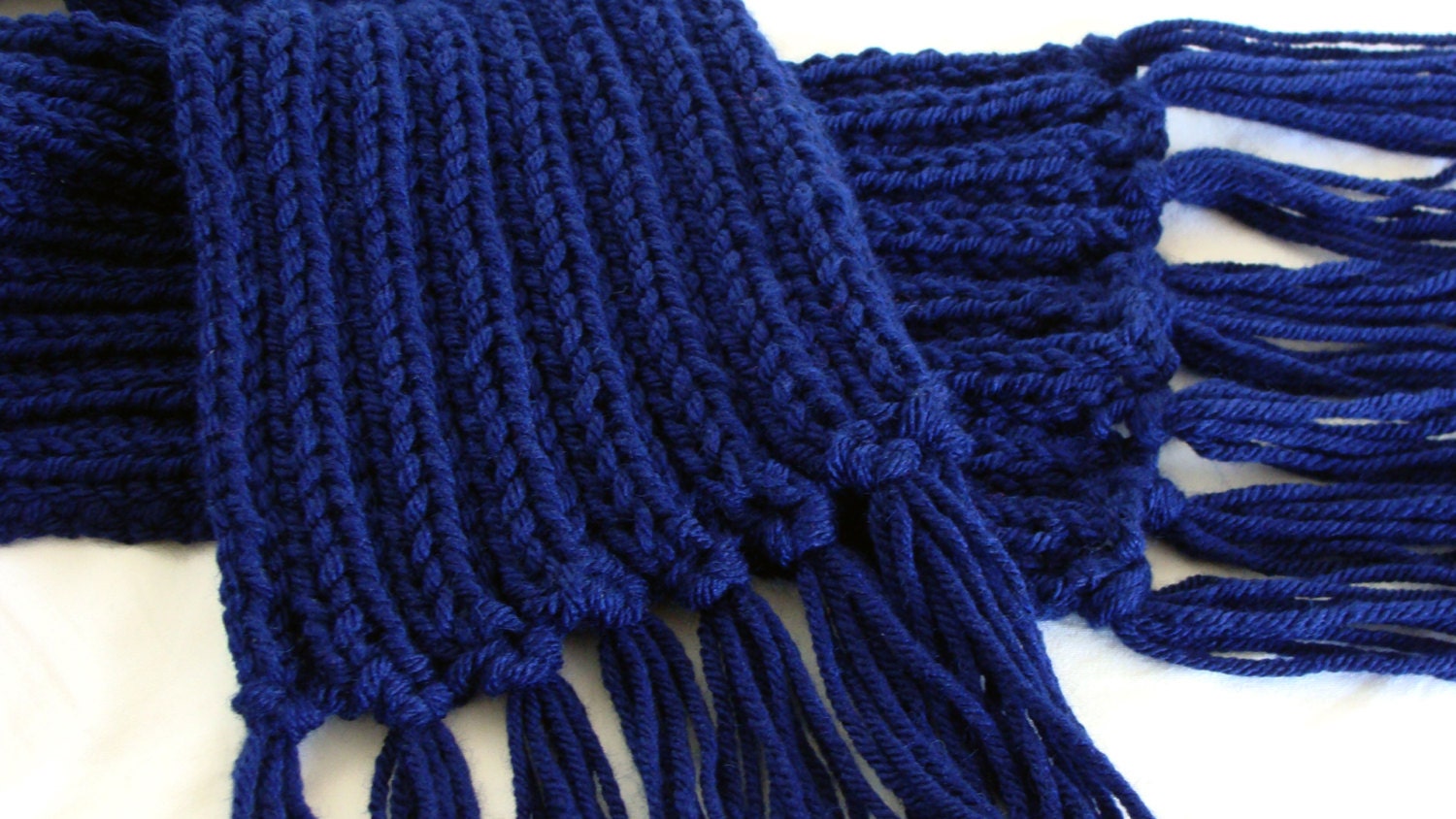 Ink blue knit Men scarf merino wool with fringes