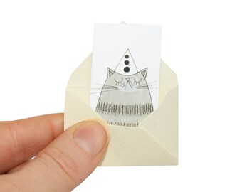 Cat Birthday Card, Miniature Cat Card and Tiny Envelope, Grey Tabby Cat Card, Tiny Birthday Card for the Cat, Funny Cat Card, Poosac