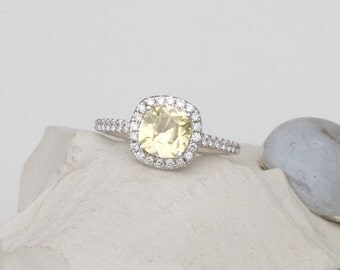 Cushion Yellow Sapphire Engagement Ring, Diamond Halo Gemstone Engagement Ring