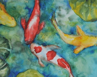 Tuquoise Koi pond- Watercolor painting on paper red, gold, green blue aqua