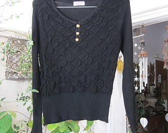 Black Touch-and-Feel knit Sweater Adorned with Golden Tone Cuffs and Front, Vintage - Medium