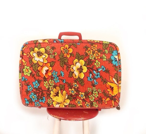 vintage floral cloth suitcase 60s carry on overnight case