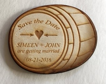 50 Barrel Save the Date Magnets - save the dates for your wedding - engraved in wood