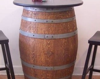 Retired French Wine Barrel Table c/30" Black Laminate Table Top-Wrought Iron Stand-FREE SHIPPING