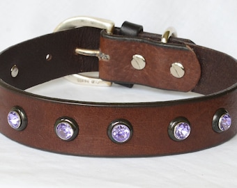 Brown Leather Dog Collar, Custom Leather Dog Collar, Full Grain Leather Collar w/ Sturdy Lavender Rivets. sizes 17 - 23"