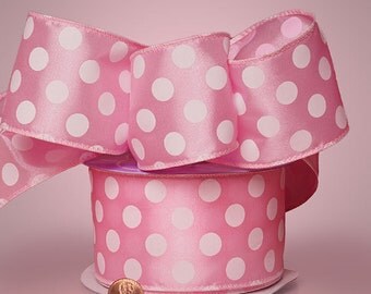 5YDS x 2-1/2" Big Polka Dot Pink & White Satin Wired Edge RIBBON