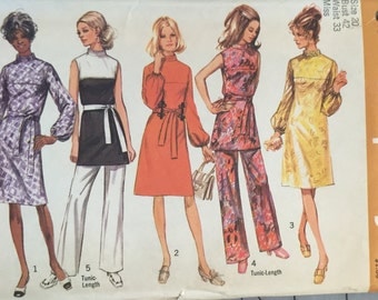 Simplicity 9125, Size 20, Misses' Dress or Tunic and Pants Pattern, UNCUT, Bust 42", Waist 33", Retro, Vintage 1970, High Fashion