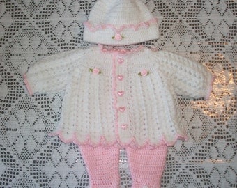 Crochet Baby Girl Pink Sweater Set Layette with Ruffled