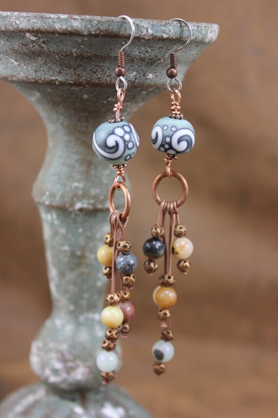 Copper Beaded Dangle Earrings with Gemstone Dangles