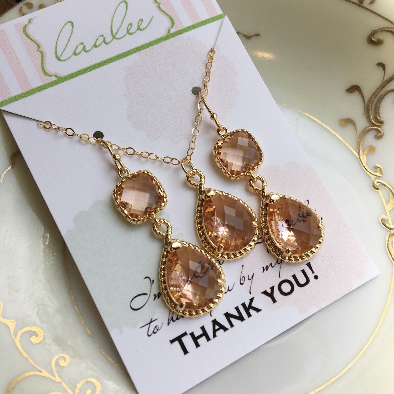 Jewelry Set Champagne Blush Pink Necklace and Earring Set Peach Gold - Personalized Card Thank you for being my bridesmaid Wedding Jewelry