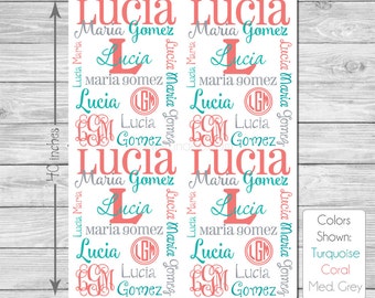 Monogram Blanket- turquoise grey coral- Personalized blanket for boy or girl Receiving Blanket baby shower gift, swaddle blanket monogrammed