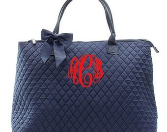 Monogram Quilted Navy Tote Bag -Large Personalized Solid Navy Quilted Tote- Quilted Solid Overnight Tote - Diaper Bag