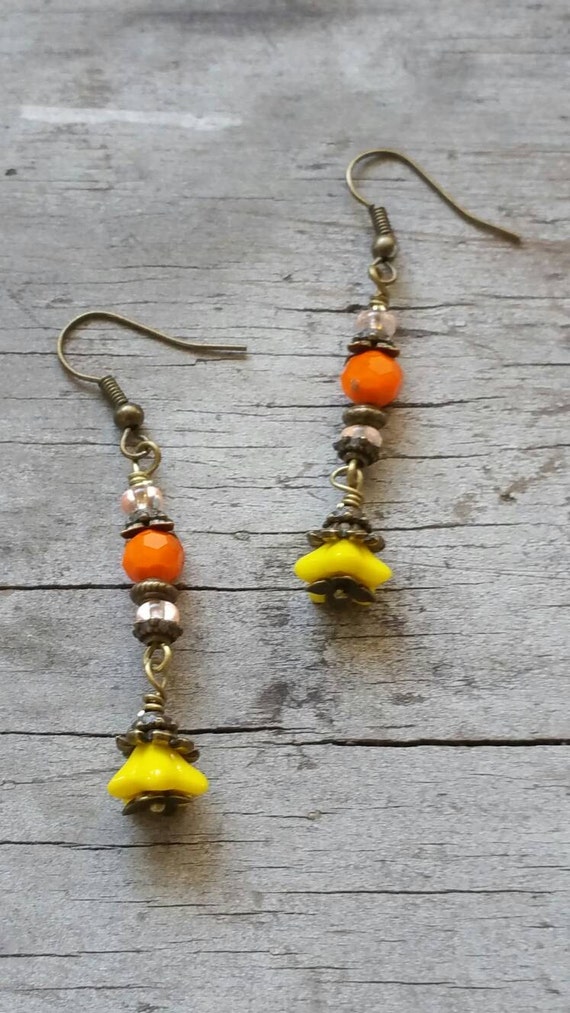 Orange Earrings Yellow Flower Brass Earrings by TeslaDesigns
