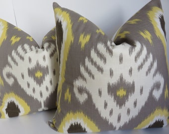 Ikat Pillow Cover, Yellow Gray Pillow Cover- Yellow Pillow - Decorative Pillows - Grey Pillow