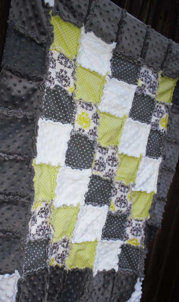 Lime Green Charcoal Gray & White DAMASK Rag Quilt/Blanket