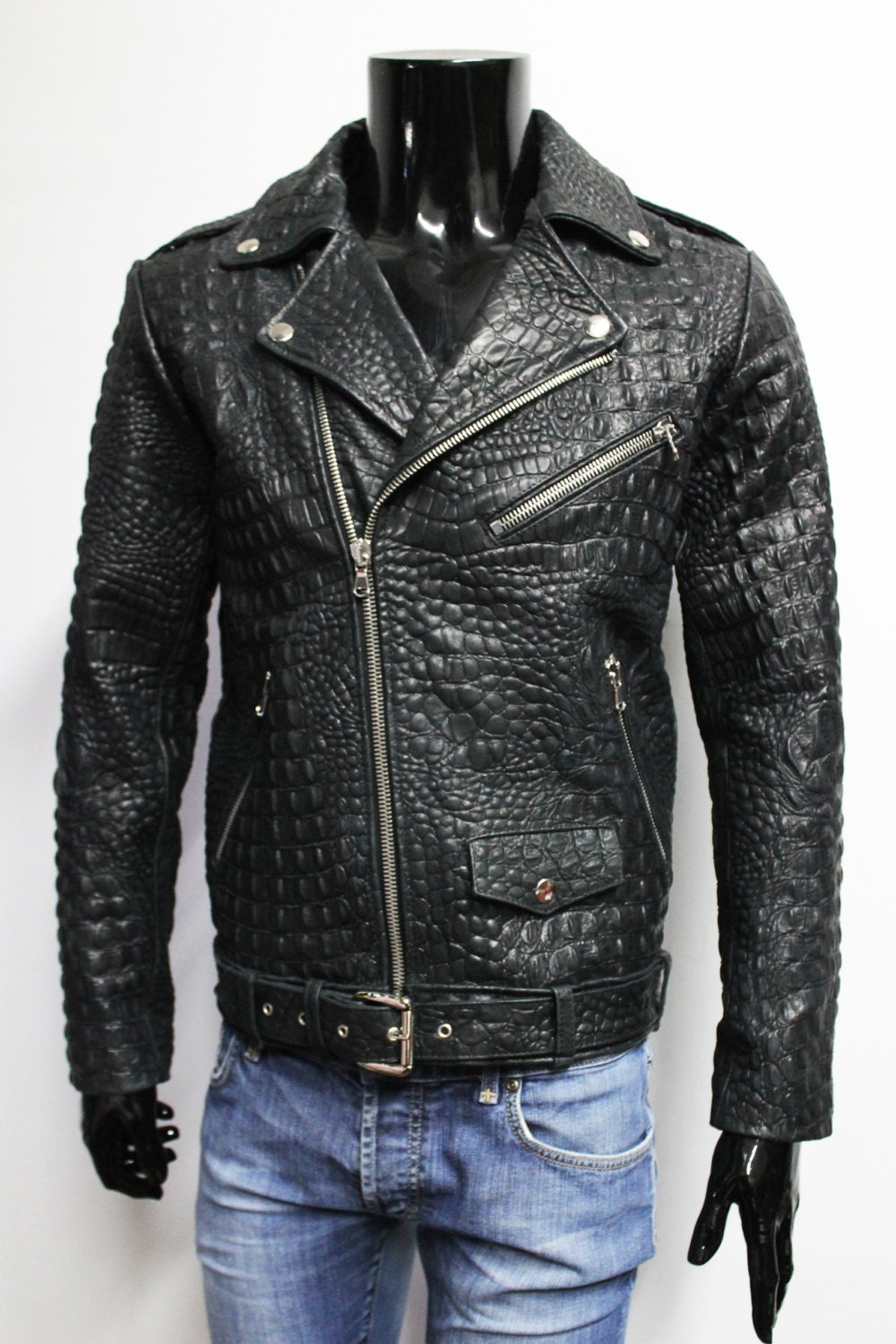 Italian Handmade Men Black Crocodile Leather Biker Jacket Slim Fit