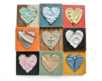 9 primitive hearts mixed media assemblage love art by Elizabeth Rosen