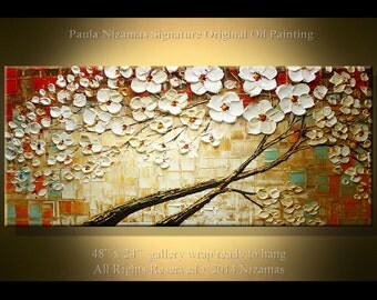 Painting on canvas Majestic Cherry Tree Oil Acrylic palette knife texture Paula Nizamas earth tones