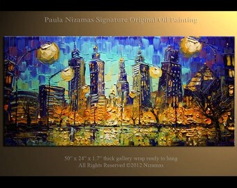 Original 48" x 24" Chicago Oil Painting on canvas Signed heavy Palette Knife texture by Paula Nizamas