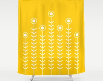 36 colours, Minimalist Flowers Shower Curtain, Scandinavian style, Crocus yellow geometric shower curtains, flower pattern bathroom decor