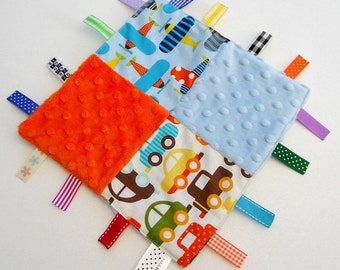 Baby Taggie, Baby Taggy, Boy's Taggie, Boy's Taggy, Lovey, Lovie, Minky Dot Ribbon Blanket, Comforter - Patchwork Cars Airplanes Aeroplanes
