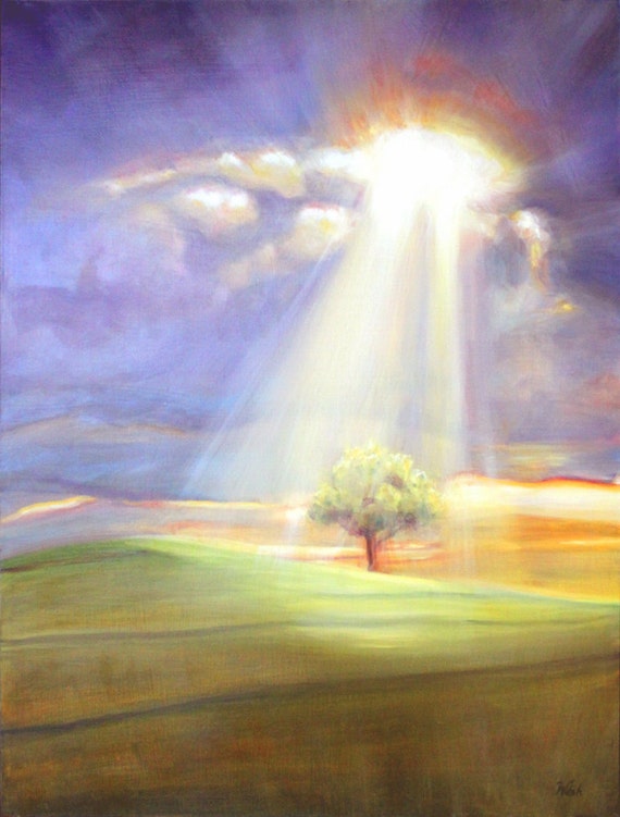 Original Oil Painting Rays of sun on a single tree