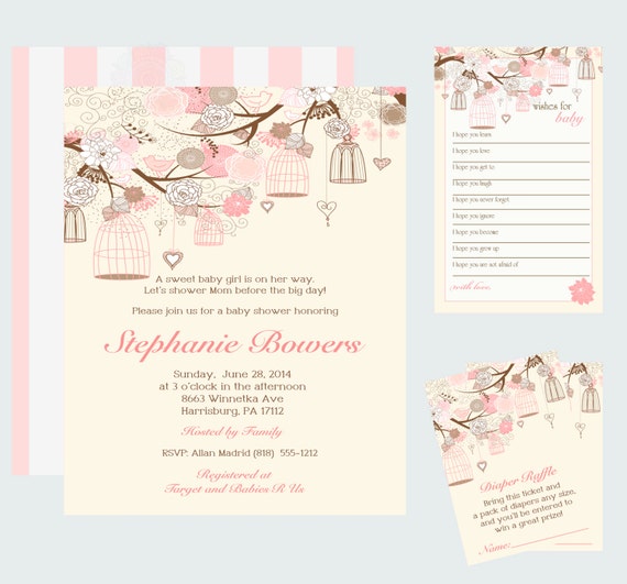 Yellow and Pink Girls Baby Shower Invitation Bundle, Shabby Chic Invites, Mason Jar and Birdcage, Vintage Sprinkle, Pretty Shower Invites Il_570xn