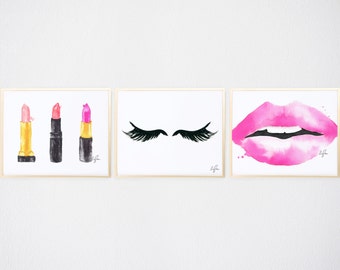 Gallery Wall Prints - Fashion Watercolor, Lipsticks, Eyelashes, Lips