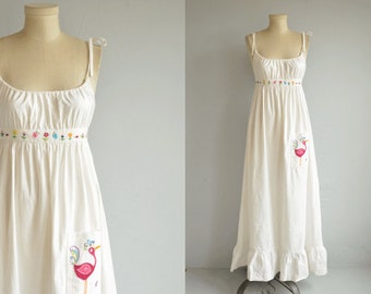 Vintage 1970s Maxi Dress / 70s Hand Embroidered White Cotton Boho Hippie Festival Sundress / Flower Bug Butterfly Embroidery