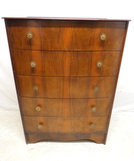 Antique Art Deco Burled Walnut Highboy Chest of 5 Drawers Hi