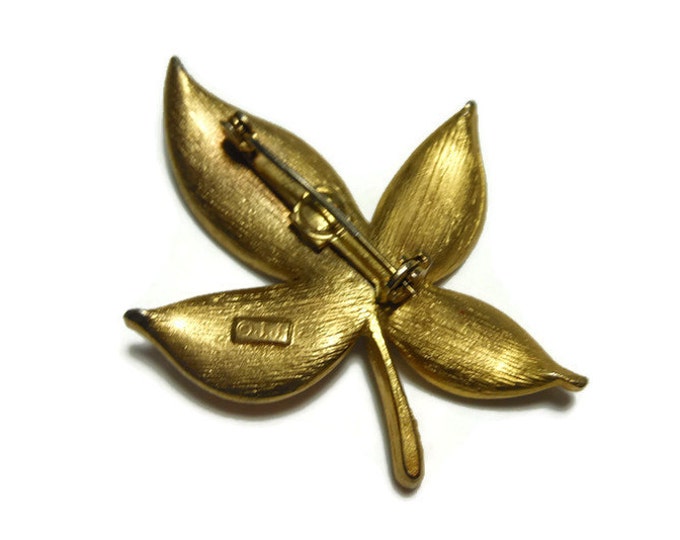 FREE SHIPPING JJ leaf brooch, Jonette Company, gold leaf pin, brushed silver enamel, signed figural pin