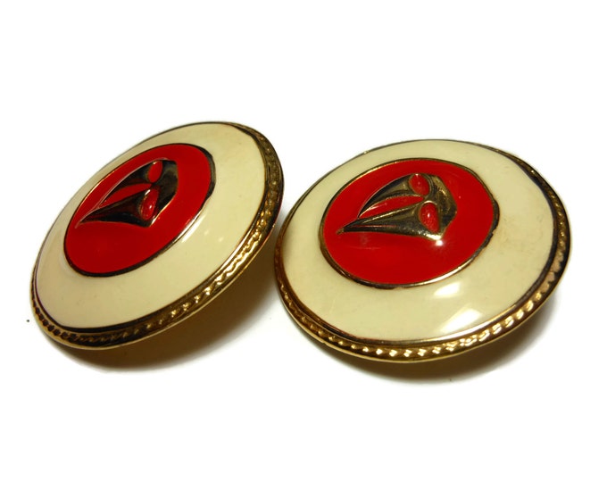 Sailboat earrings, red and winter white, button style with gold boat on red enamel and a beige border and gold rims, nautical clip earrings