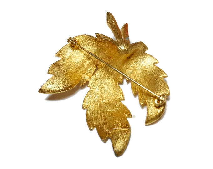 FREE SHIPPING BSK leaf brooch, figural leaf pin with veins, brushed gold with satin tone veins, gold plated, finely detailed