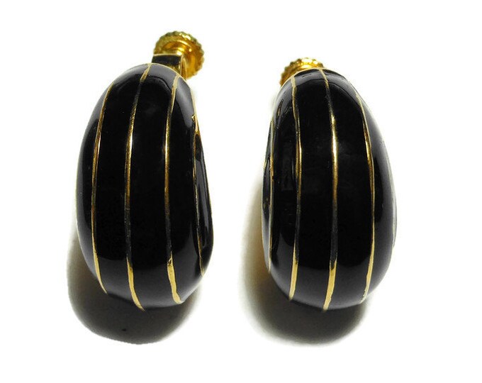 FREE SHIPPING Napier black earrings, 1980s black and gold enamel screw back earrings, gold stripes on black, half hoop