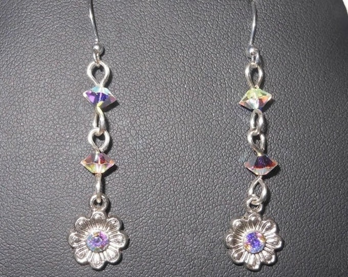 Swarovski drop earrings, pink lavender aurora borealis AB crystal, rhinestone flower ends, silver plated wrapped wire, french hooks and end