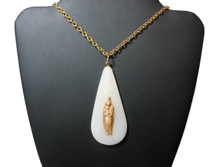 Madonna and Child pendant, vintage white jade crystal quartz teardrop, gold Virgin Mary & child figure on front, new gold plated chain