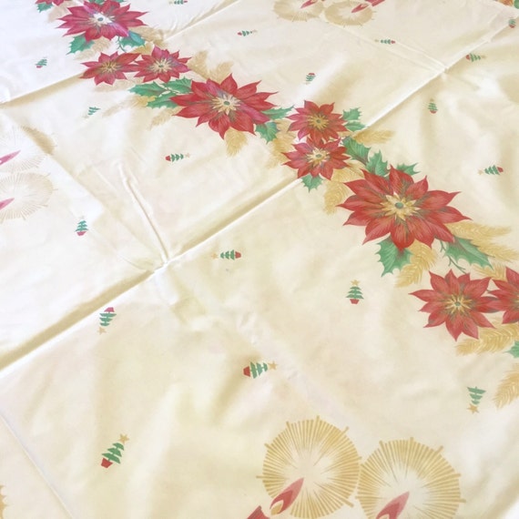 Vintage Vinyl Plastic Christmas Tree Tablecloth / Reversible