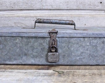 Vintage Industrial Galvanized Tool Box with Padlock
