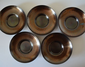 Set of 5 hand hammered Suzu 'chataku' saucers, 1980 vintage Japanese, stamped